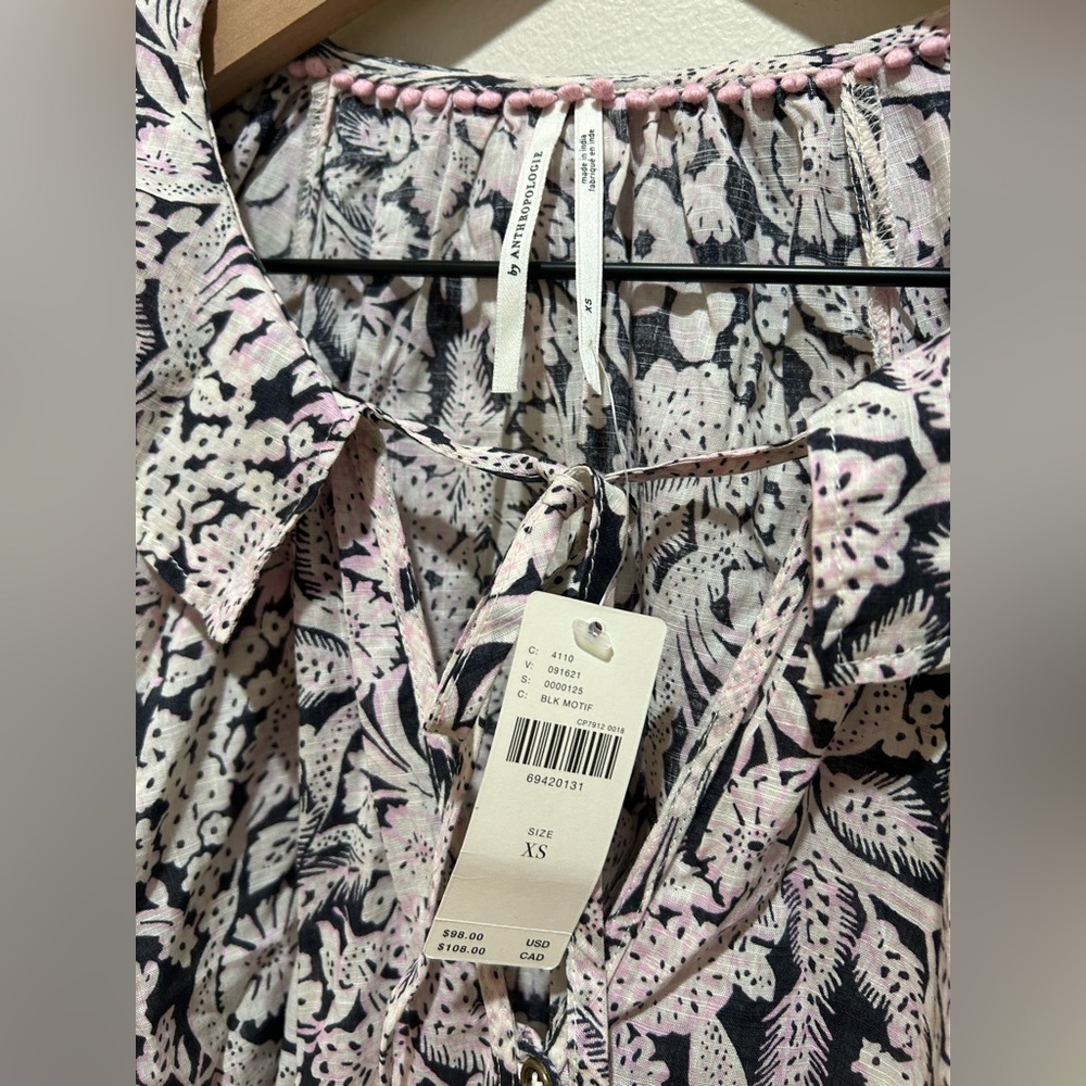 NWT by Anthropologie Peasant Blouse Top - White, Pink and Blue - Women’s Size XS - Picture 4 of 9